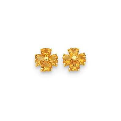 14K Yellow Gold Heart Shaped Citrine "Flower" Earrings