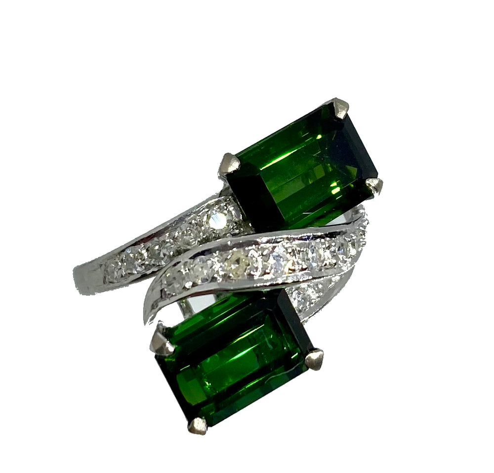 Emerald cut Green Tourmaline & Diamond  Platinum Ring