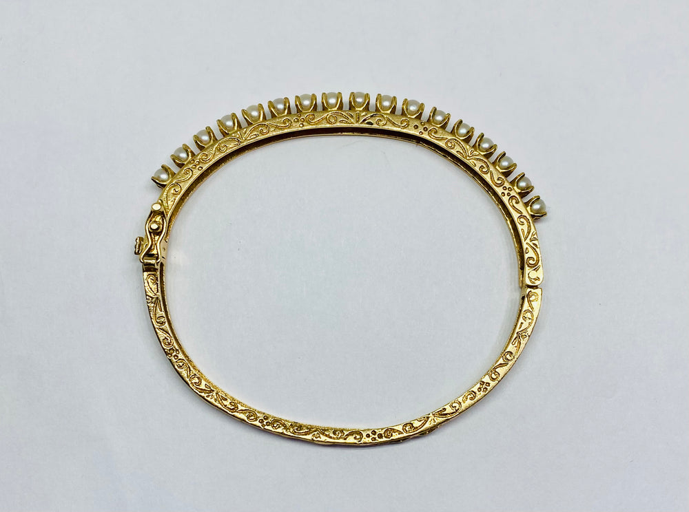 Vintage 14K Gold and  Cultured Pearl Hinged Bracelet